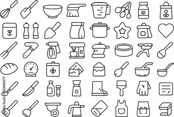 Fototapeta Culinary icons: baking and cooking utensils line art collection Vector