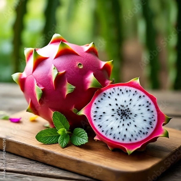 Obraz Dragon Fruit with Mint on Wooden Board in Outdoor Setting