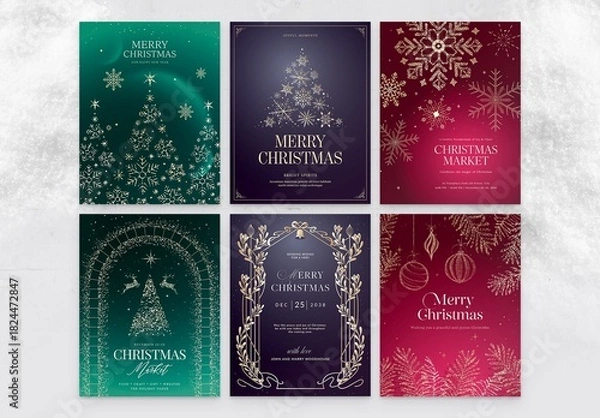 Obraz Christmas Poster Template Set in Festive Green, Blue, Red & Gold for Invitation, Flier, Greetings Card & Invite Layouts