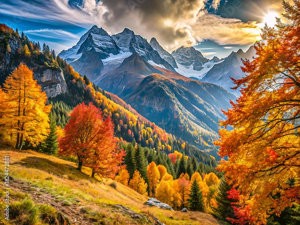 Obraz Epic Alpine Autumn Landscape with Vibrant Fall Colors and Dramatic Sunlight
