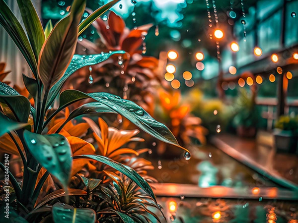 Fototapeta Rainy Day Aesthetic with Water Drops on Green Leaves & Warm Bokeh Lights