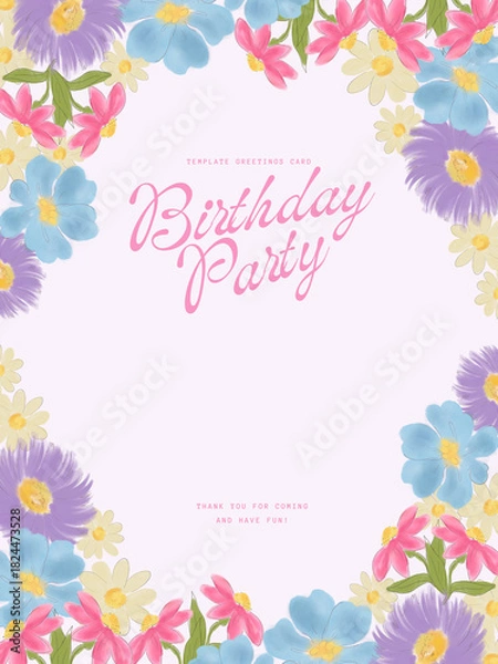 Fototapeta Colorful Valentine's Day, Holiday party greeting card, rsvp, save the date with floral candy cute wildflower meadow field background. Hand drawn doodle romantic template