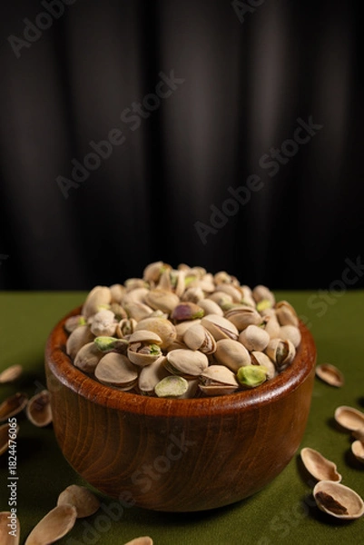 Obraz Bol de pistache et rideau noir, intérieur, vertical