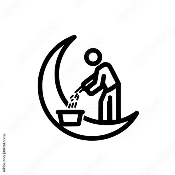 Obraz Crescent moon gardening icon of a person watering plants in a stylized lunar landscape