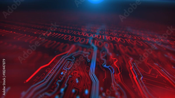 Obraz Technology background. Circuit board futuristic server code processing. PCB, Code, HTML. Blue and Red background with digital integrated network technology. Printed circuit board.