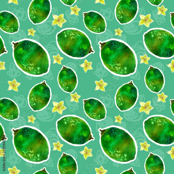 Fototapeta Pattern with lemon and other watercolor bright fruits on  paper.
