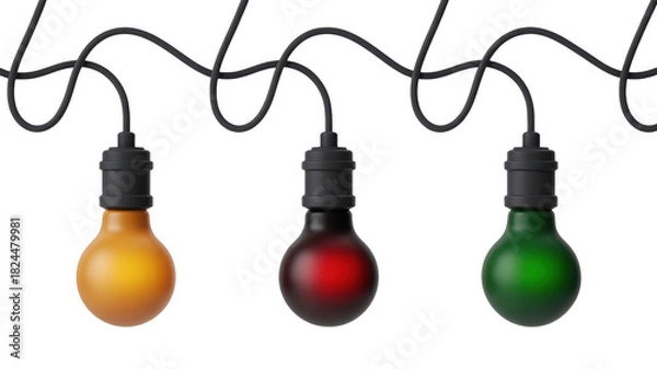 Obraz Three vintage style edison light bulbs in amber red and green hanging from a black cord isolated on transparent background