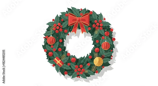 Obraz Festive Christmas wreath with red bow and ornaments on white background