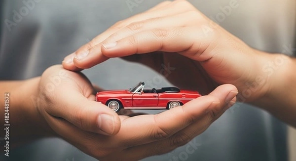 Fototapeta Hands protecting a small car model: Auto insurance concept