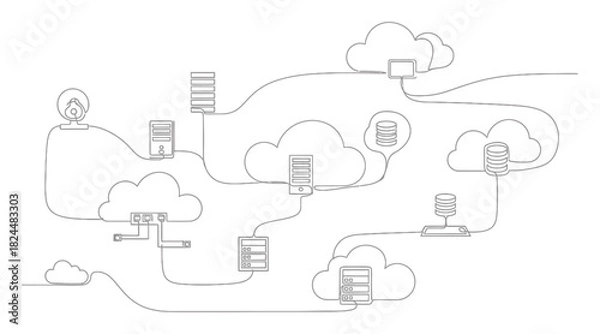 Fototapeta Elegant Cloud Computing Network Single Line Art Illustration Minimalist Design