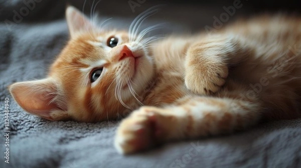 Fototapeta Adorable ginger kitten lying on a soft gray blanket, relaxing peacefully in warm natural light.