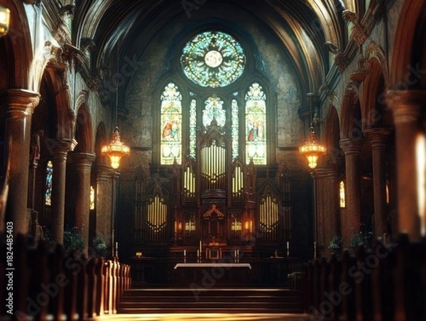 Fototapeta Church interior with wooden benches and stained glass windows. 3D rendering.