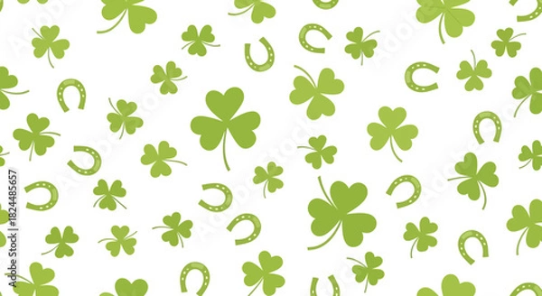 Fototapeta A seamless pattern of green shamrocks and horseshoes scattered on a white background, evoking a festive and lucky Irish theme.