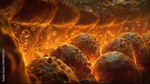 Fototapeta Close-up of fiery molten lava with bubbling surface and glowing heat effects