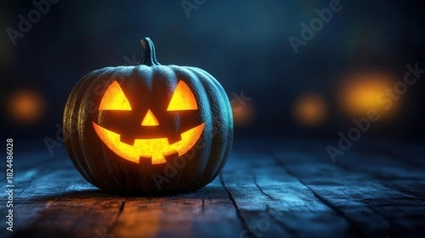 Fototapeta Halloween pumpkin jack o lantern on wooden background, 3d render