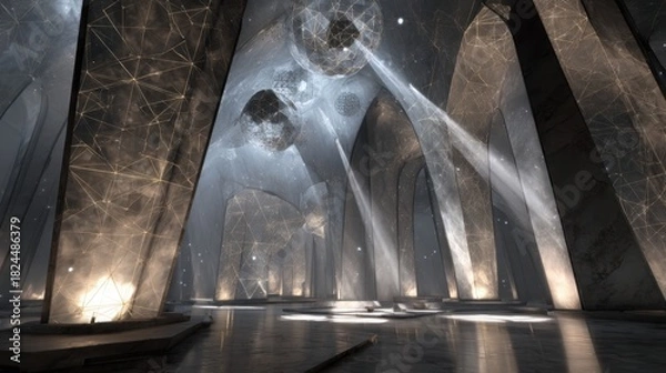 Fototapeta Futuristic Interior with Metallic Surfaces and Floating Spheres in a Sci-Fi Space Scene