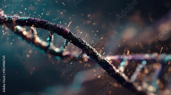 Fototapeta Close-up of a Glowing DNA Double Helix with Sparkling Particles