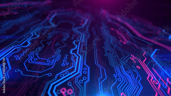 Obraz Purple, violet, blue neon background with digital integrated network technology. Printed circuit board. 3D illustration. Circuit board futuristic server code processing. PCB, Code, HTML.