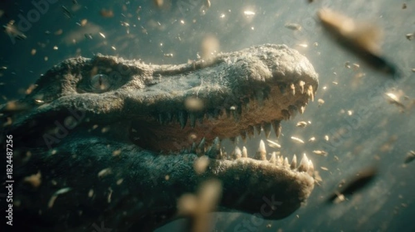 Fototapeta Underwater Scene of a Large Crocodile with Sharp Teeth Surrounded by Fish