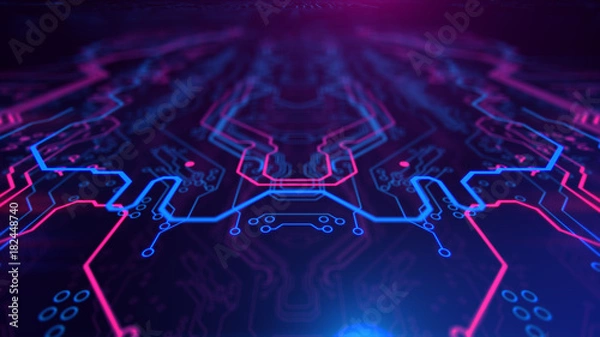 Obraz Purple, violet, blue neon background with digital integrated network technology. Printed circuit board. 3D illustration. Circuit board futuristic server code processing. PCB, Code, HTML.