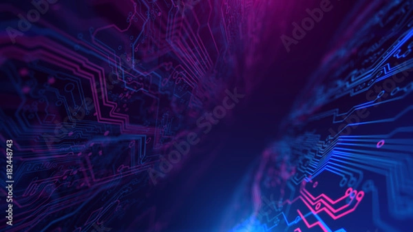 Obraz Purple, violet, blue neon background with digital integrated network technology. Printed circuit board. 3D illustration. Circuit board futuristic server code processing. PCB, Code, HTML.