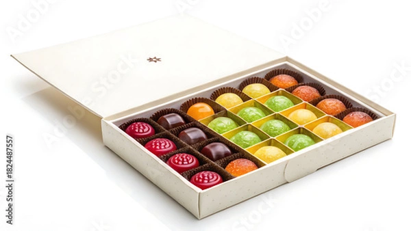 Fototapeta Assortment of colorful fruit flavored chocolates in a gift box