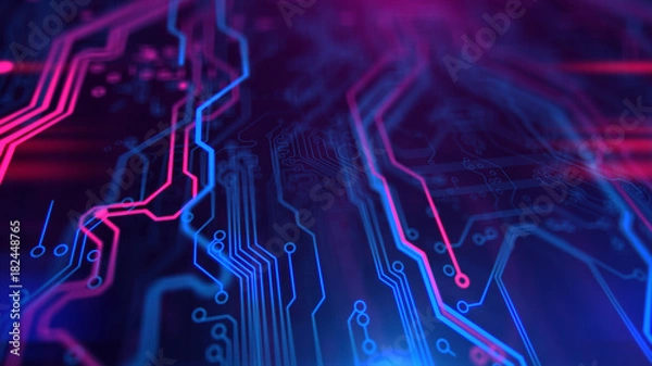 Obraz Purple, violet, blue neon background with digital integrated network technology. Printed circuit board. 3D illustration. Circuit board futuristic server code processing. PCB, Code, HTML.