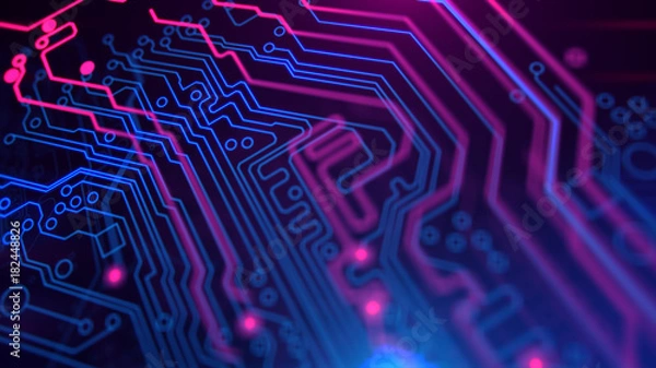 Obraz Purple, violet, blue neon background with digital integrated network technology. Printed circuit board. 3D illustration. Circuit board futuristic server code processing. PCB, Code, HTML.