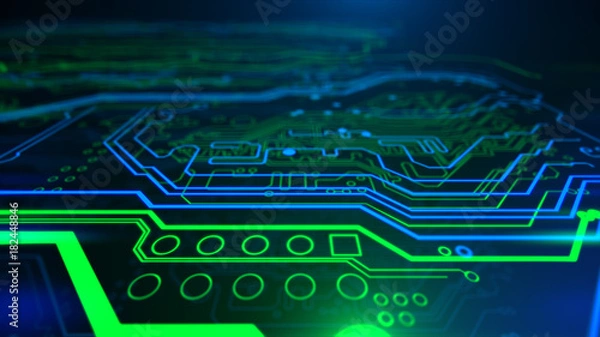 Fototapeta Abstract Technology background Circuit board futuristic server code processing PCB, Code, HTML Blue, green background with digital integrated network technology Printed circuit board