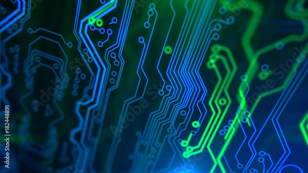Obraz Abstract Technology background Circuit board futuristic server code processing PCB, Code, HTML Blue, green background with digital integrated network technology Printed circuit board