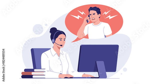 Fototapeta illustration of female support agent handling angry customer call at desk with headset, computer, and speech bubble