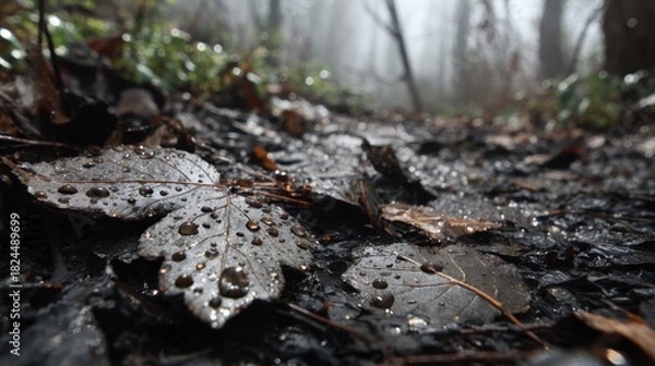 Fototapeta Close-up of wet fallen leaves on forest floor in foggy woodland scene