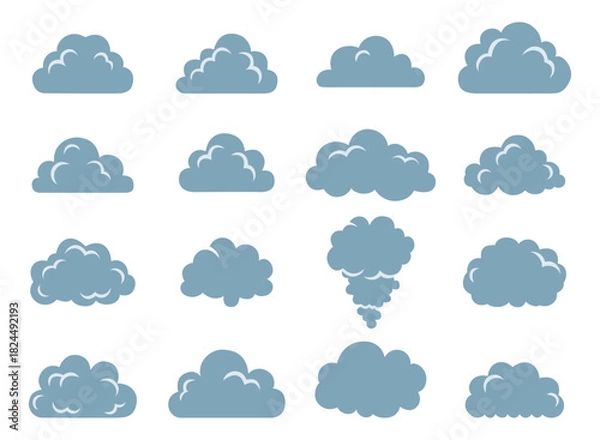 Fototapeta Stylized blue grey cartoon cloud shapes vector graphic elements collection.