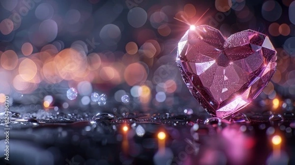 Fototapeta Beautiful pink crystal heart on reflective surface with glowing bokeh for luxury valentine decor