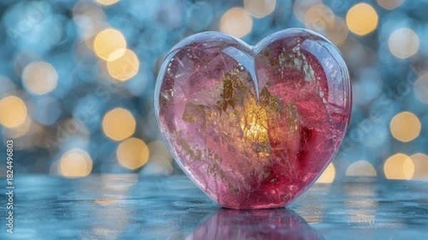 Obraz Luxurious pink crystal heart on reflective surface with shimmering soft focus bokeh lights