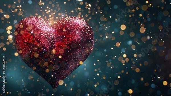 Fototapeta Vivid red sequin heart with sparkling confetti and glowing bokeh for a romantic celebration