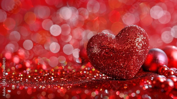 Fototapeta Bright red sequin heart surrounded by tiny sparkling confetti, intense glowing bokeh, festive romantic composition