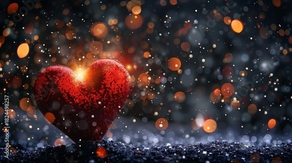Fototapeta Bright red sequin heart with sparkling confetti and glowing bokeh in a festive romantic scene