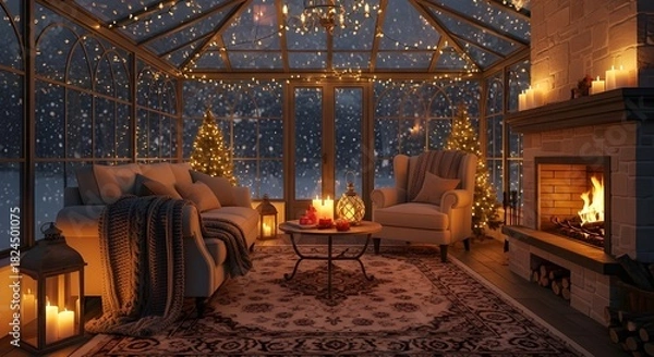 Obraz A modern living room with a prominent fireplace, inviting seating arrangements, and decor that adds charm and warmth.