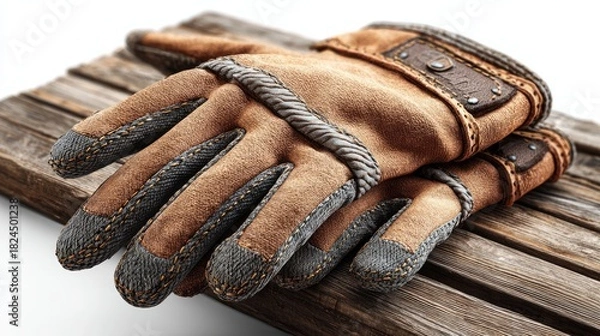 Fototapeta Rugged Work Glove Resting: A weathered, durable work glove rests on a rustic wooden plank, showcasing its robust construction and providing a sense of craftsmanship and protection.