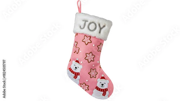 Fototapeta Cute Pink Christmas Stocking with Polar Bears Gingerbread Cookies and JOY Text on Fluffy Cuff