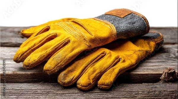 Fototapeta Protective Gear: Work gloves symbolize dedication and hard work, ready for action, on a weathered wooden surface.