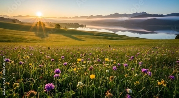 Obraz  A tranquil field of wildflowers with towering mountains, highlighted by the gentle light of sunrise.