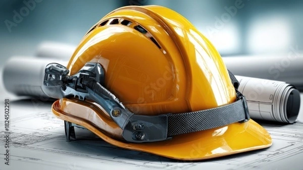 Fototapeta Building Safety: A close-up view of a new construction worker helmet with blueprints, emphasizing the importance of safety in building industry.