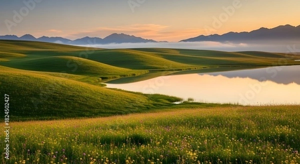 Obraz A serene landscape featuring a wildflower field and mountains, all aglow with the early morning sunrise.