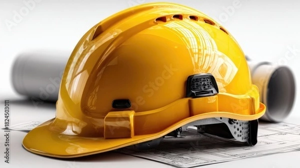 Fototapeta Safety First: A vibrant yellow safety helmet is prominently displayed, complemented by blueprints and rolled architectural plans, embodying the essence of construction and safety.