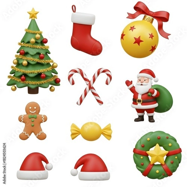 Obraz A vibrant assortment of Christmas icons featuring Santa Claus, a tree, and other festive elements.
