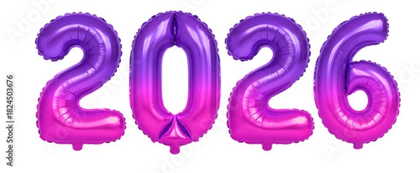 Fototapeta Vibrant Purple and Pink Ombre Foil Balloons Forming New Year 2026, Trendy Holiday Decoration Isolated on White