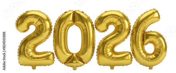 Fototapeta Luxurious Gold Metallic Foil Balloons Forming New Year 2026 Text, Shiny Party Decoration Isolated on White