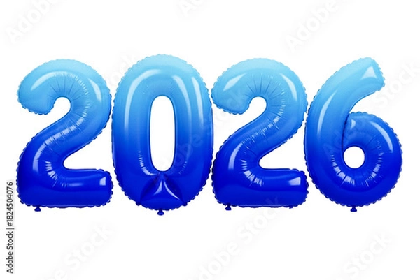 Fototapeta Cool Blue Gradient Foil Balloons Shaping New Year 2026 Numbers, Modern Festive Decor Isolated on White